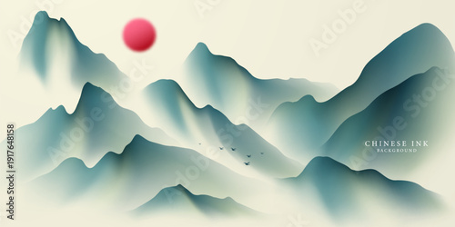 Modern vector illustration design depicting beautiful Chinese ink landscape paintings.