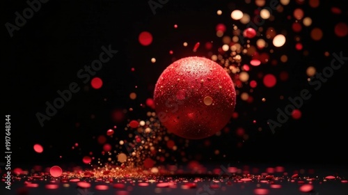 A festive red sphere descends amidst a flurry of shimmering red and gold confetti, creating a vibrant and celebratory scene.