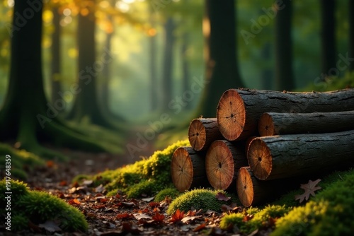 Serene Forest Path with Stacked Logs Bathed in Golden Sunlight