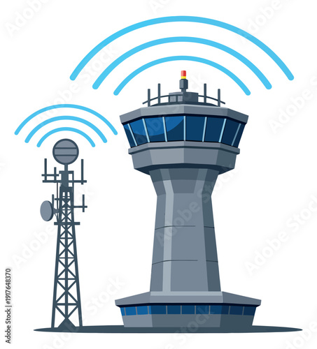 Modern flat design illustration set featuring an air traffic control tower and a communication antenna for network connectivity