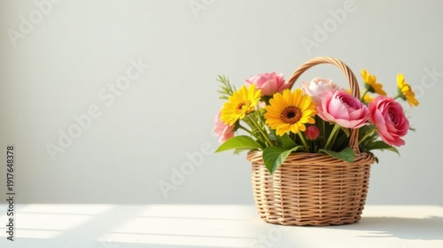 A charming wicker basket filled with vibrant yellow and pink blossoms, bathed in soft sunlight, rests on a pristine white surface against a muted background.