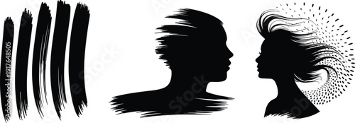 Abstract Black Silhouette of Female and Male Head Profiles with Dynamic Hair Motion and Artistic Ink Brush Strokes for Beauty Salon Branding and Hairdressing