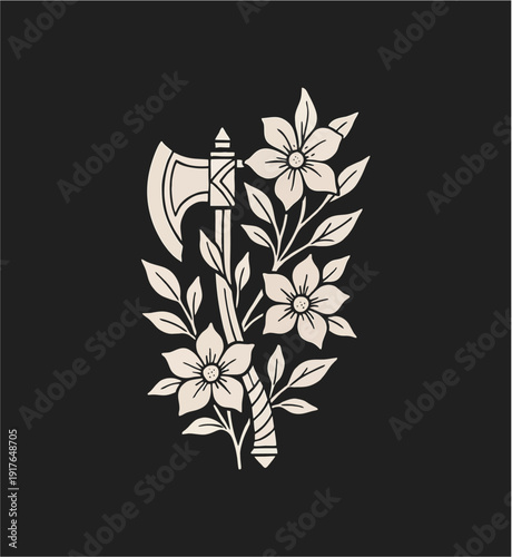 Unique Minimalist Viking Battle Axe Vector Illustration with Floral Vines Decoration in Black White Vintage Art Style