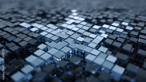 3d rendering. Abstract monochrome geometric background. Flat square glass elements, spaced evenly, arranged in a shape of a star, in shades of blue Stock Illustration