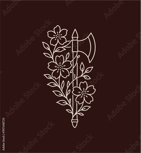 Unique Minimalist Viking Battle Axe Vector Illustration with Floral Vines Decoration in Vintage Art Style