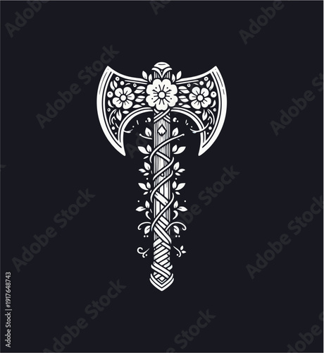 Unique Minimalist Viking Battle Axe Vector Illustration with Floral Vines Decoration in Black White Vintage Art Style