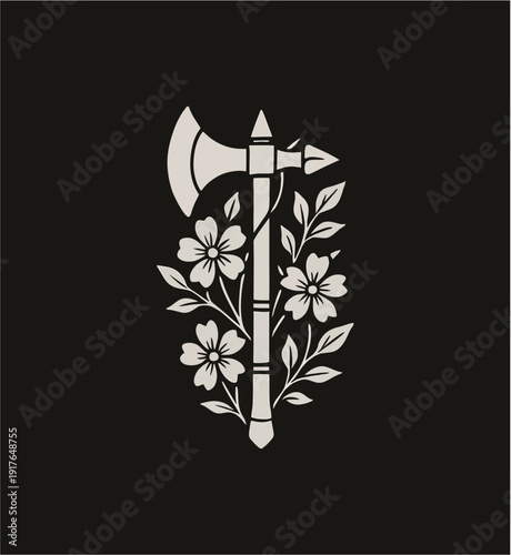 Unique Minimalist Viking Battle Axe Vector Illustration with Floral Vines Decoration in Black White Vintage Art Style