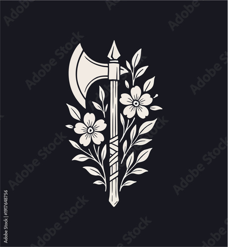 Unique Minimalist Viking Battle Axe Vector Illustration with Floral Vines Decoration in Black White Vintage Art Style