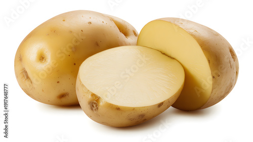 A photo of three whole and sliced potatoes on a white background