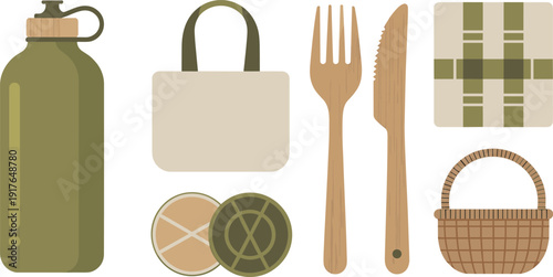 Zero waste reusable products set, eco friendly water bottle bamboo cutlery tote bag flat vector illustration