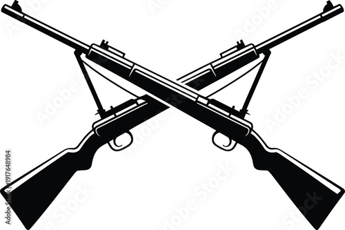 Black and white vector illustration of two crossed rifles for hunting club sport shooting military history emblem army insignia and outdoor firearm enthusiast branding