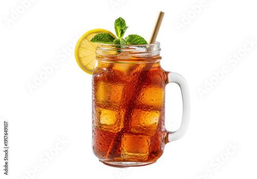 Photorealistic medium close-up of a sweating mason jar mug filled with amber iced tea, ice cubes, mint, and lemon slice, on a transparent background with copy space, high-key studio lighting, concept