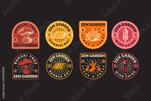 Japanese spa, meditation, wellness, oriental garden retro badge logo design set. Bonsai tree, bamboo mat, stone and grass, and wind chime vintage patch sticker element design pack for merchandise.