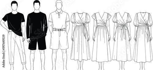Black and white vector line art set of men in casual summer wear and women in elegant wrap dresses with puff sleeves for fashion branding