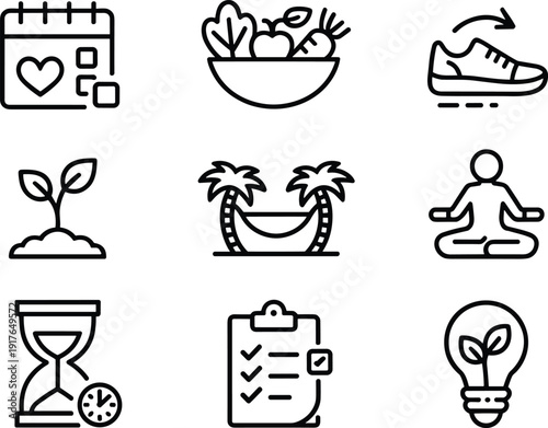 Healthy lifestyle outline icons set showing nutrition, fitness, meditation, habit tracking, time management, wellness routine, self care line illustration