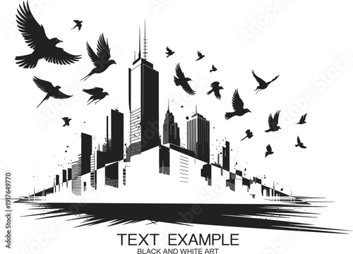 Black and white vector silhouette of a city skyline with skyscrapers and a flock of birds flying above for urban lifestyle and metropolitan branding