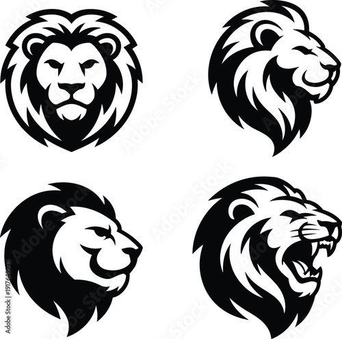 Black and white vector silhouette set of powerful lion heads with thick manes including frontal profile and roaring poses for wildlife animal mascot branding