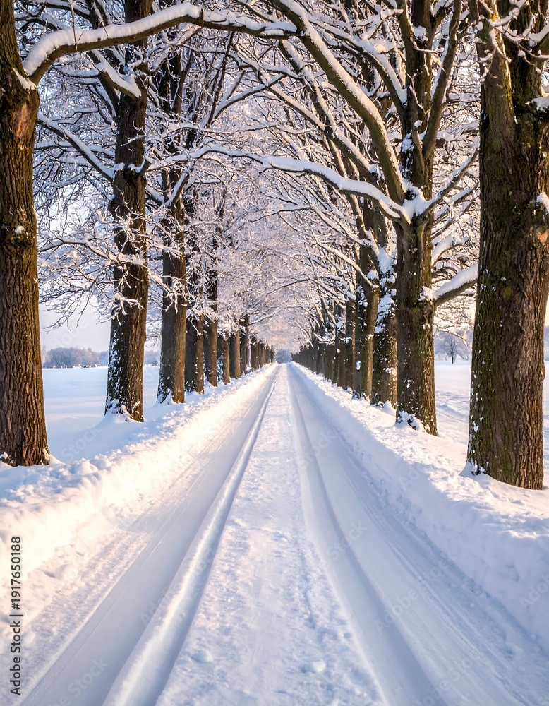 Obraz premium Snow-covered road with trees lining both sides in winter, leading to the horizon