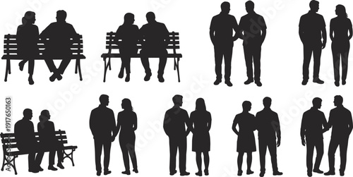 Romantic couple silhouettes collection, men and women sitting on bench and standing together, love relationship poses, black human figures