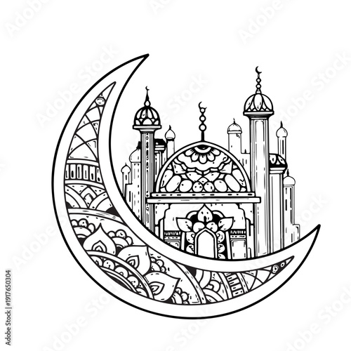Enchanting Crescent Moon: An artistic representation of a mosque silhouette, gracefully cradled within the embrace of an intricately decorated crescent moon, inviting contemplation and admiration.