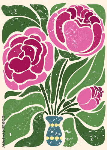 Artistic vector illustration of blooming pink peonies in a blue decorative vase. The grainy texture and vintage groovy style make it perfect for modern wall art, floral posters, botanical prints, and 