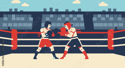 Two boxers are fighting in a stadium ring with cityscape