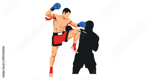 A skilled boxer kicks while training with a coach in a gym setting actively.