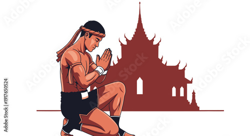 Martial artist kneels before ancient temple in prayer gesture