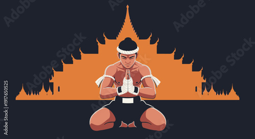 A muscular man in a fighting stance with fists clenched in front of Wat Arun temple