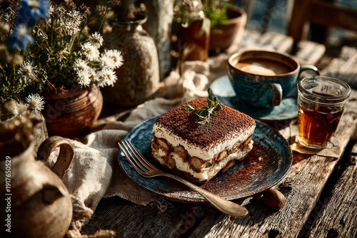 Wallpaper Mural Top view of wooden table with tiramisu. Generative AI Torontodigital.ca