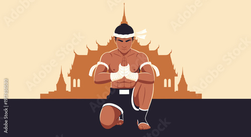 A muscular man practices Muay Thai in front of a Thai temple landscape cityscape.