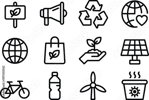 Sustainability and eco icons set, recycling renewable energy global care, green lifestyle symbols, environmental protection line icons