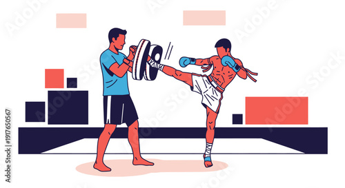 Two men engaging in a kickboxing training session with equipment indoors