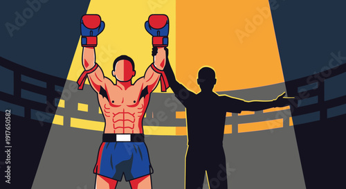 Boxer celebrates victory with raised arms in a spotlight at the boxing ring with referee