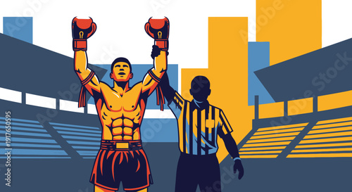 A fighter celebrates victory with raised arms in a stadium.