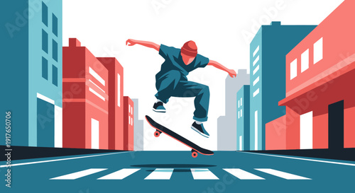 A skateboarder performs a trick on a skateboard in a city street with buildings.