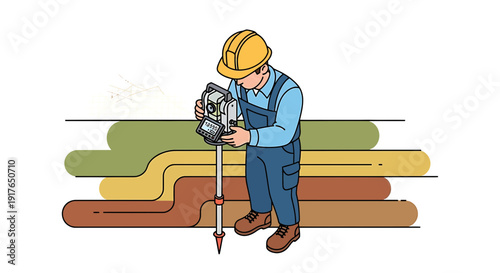 Surveyor using total station equipment for land measurement on layered earth