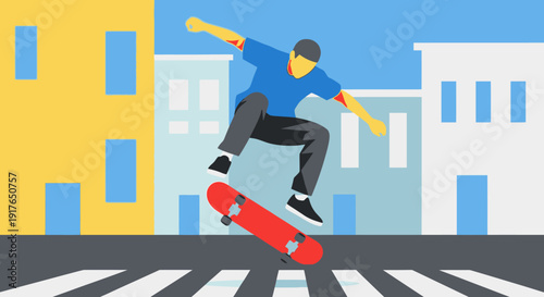 A skateboarder performs tricks on a city street with buildings and a crosswalk nearby.