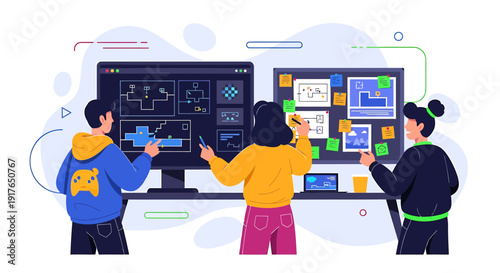 Team collaborating on project plans at a large monitor and whiteboard