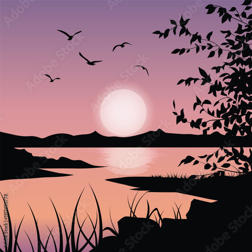 A Tropical Sunset with Palm Trees. vector illustration. mountain peaks, hill, lake vector illustration background.  vector illustration.
