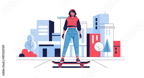 A person skateboards through an urban landscape with buildings and a clock tower nearby.