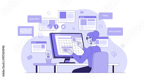 Woman planning content, scheduling social media, blog posts, and video production on computer