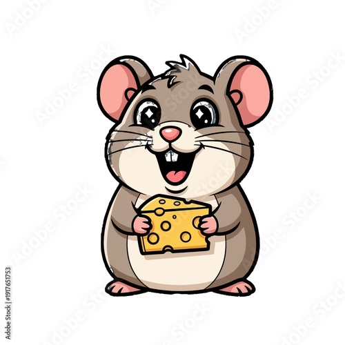 Happy cartoon mouse holding a piece of cheese and smiling widely, isolated white background