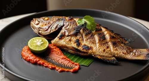 Grilled Whole Fish with Spicy Sauce and Lime.