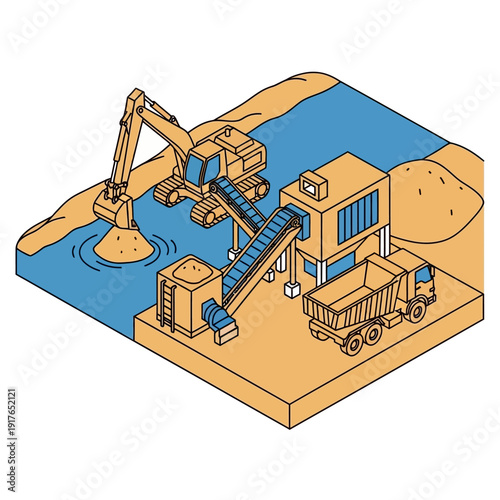 Isometric illustration of a sand dredging operation with excavator and conveyor belt.