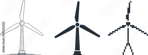 Wind turbine icon collection, outline filled and pixel style windmill symbols, renewable energy vector illustration isolated on white background
