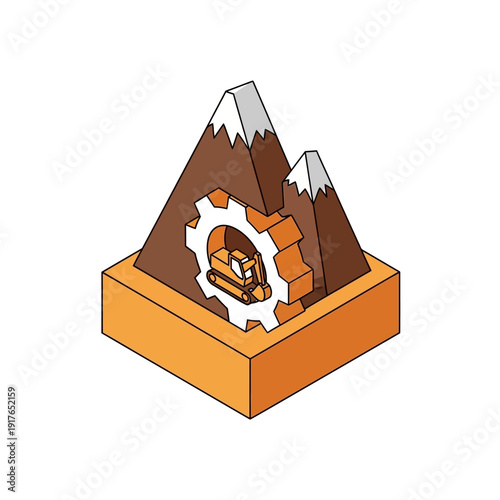 3D illustration of a bulldozer excavating a mountain with snowy peaks.