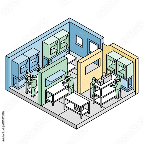Isometric illustration of laboratory with scientists working.