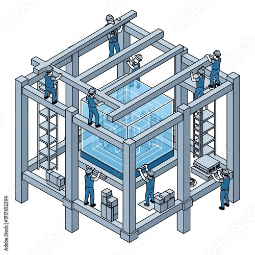 Construction workers assembling a large glass building structure.