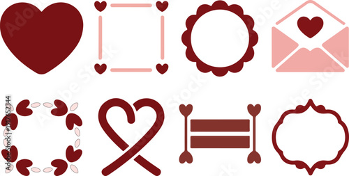A charming collection of burgundy and pink heart graphics, frames, and an envelope design